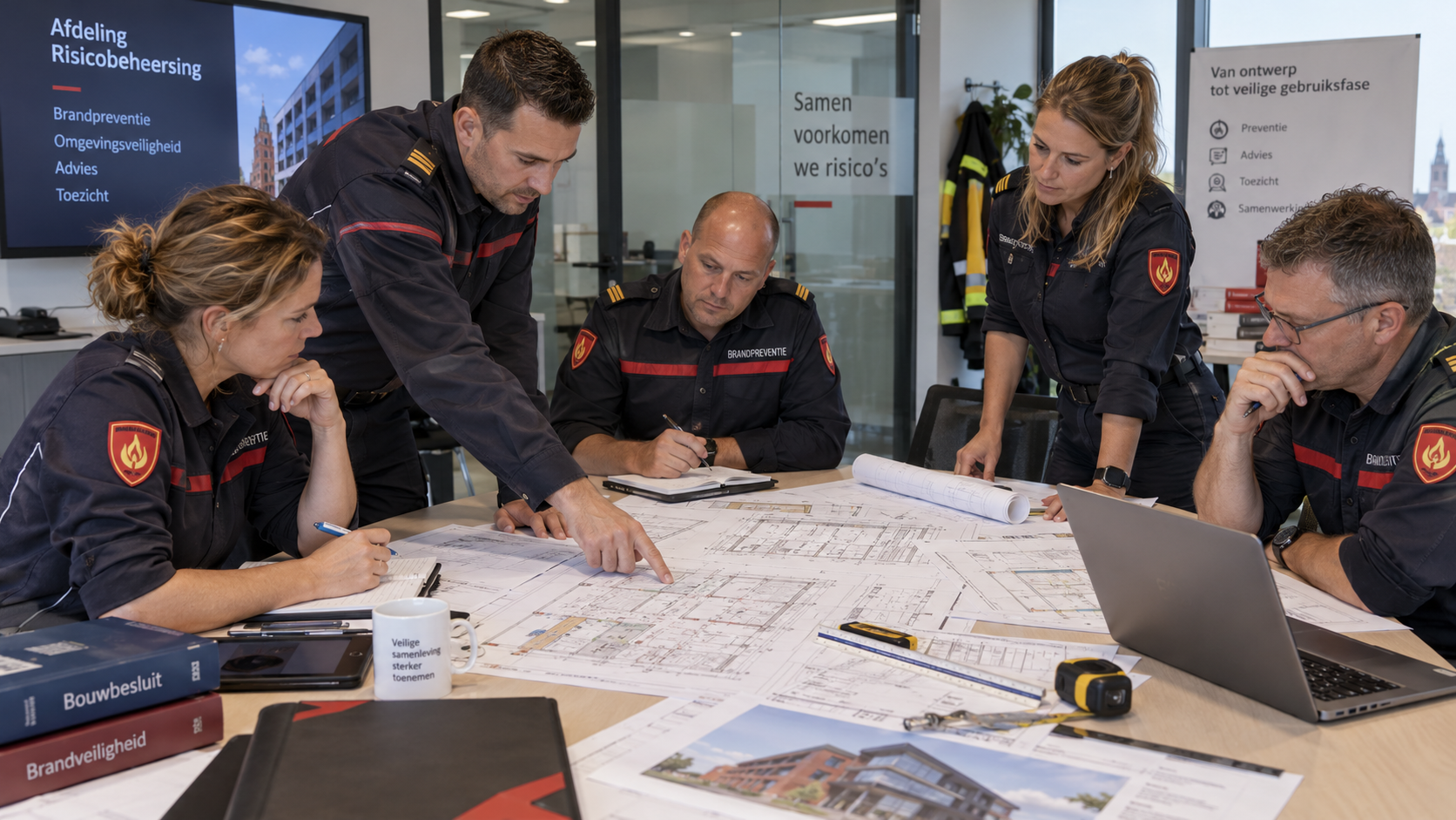 Medewerkers van de afdeling risicobeheersing bespreken samen bouwtekeningen en brandveiligheid.